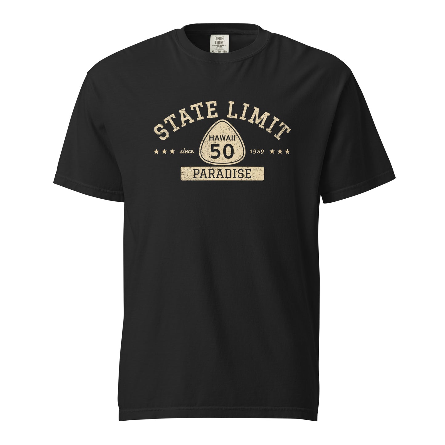 Black graphic t-shirt with a 'Hawaii 50 | Paradise' road sign design by State Limit Apparel.
