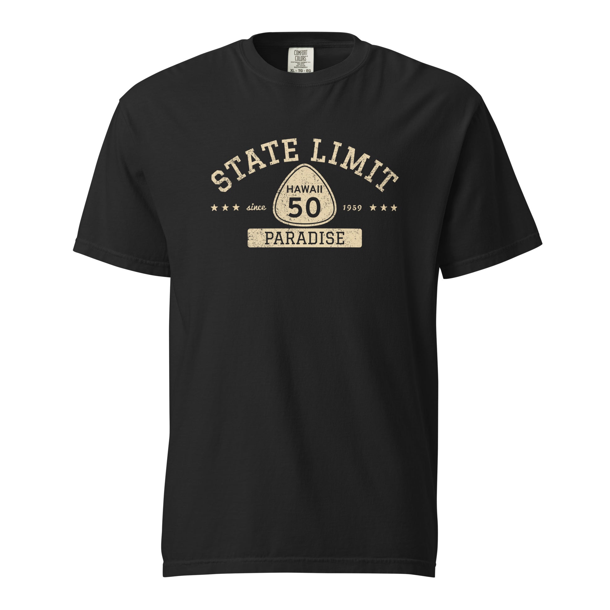 Black graphic t-shirt with a 'Hawaii 50 | Paradise' road sign design by State Limit Apparel.
