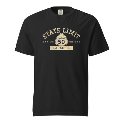 Black graphic t-shirt with a 'Hawaii 50 | Paradise' road sign design by State Limit Apparel.