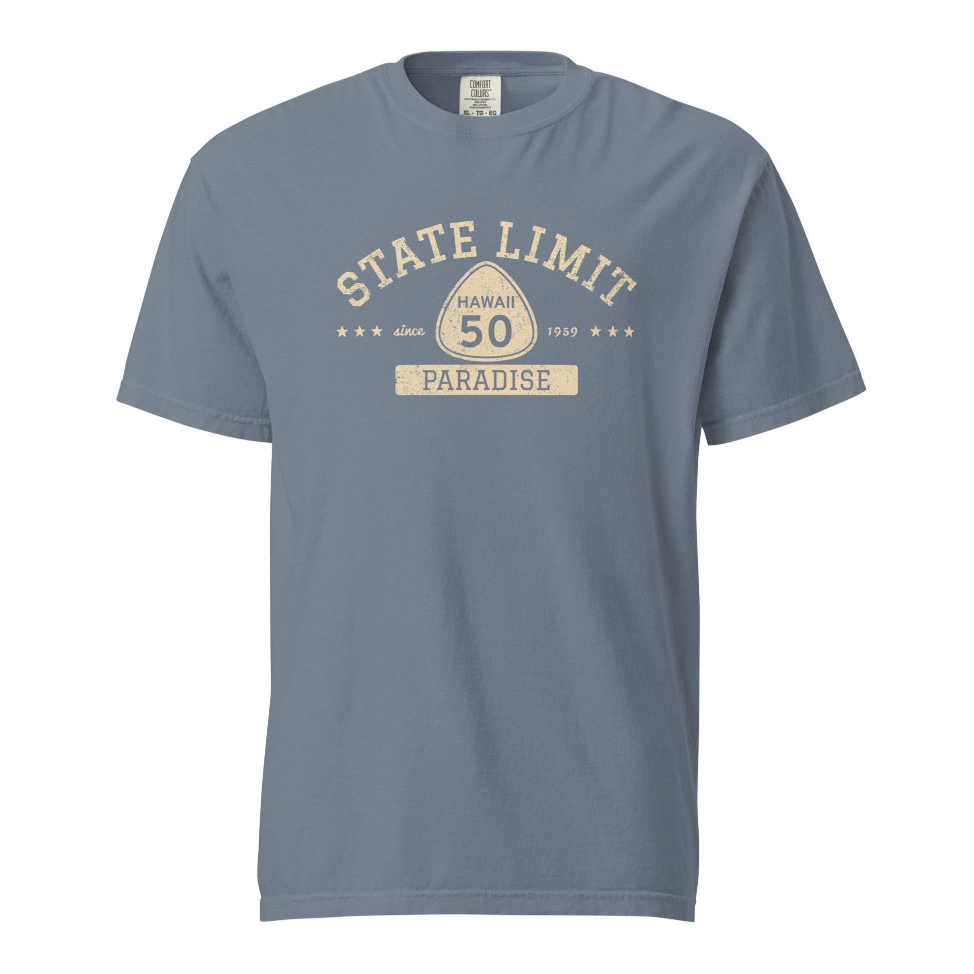 Blue Jean graphic t-shirt with a 'Hawaii 50 | Paradise' road sign design by State Limit Apparel.