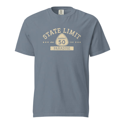 Blue Jean graphic t-shirt with a 'Hawaii 50 | Paradise' road sign design by State Limit Apparel.