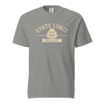 Grey graphic t-shirt with a 'Hawaii 50 | Paradise' road sign design by State Limit Apparel.