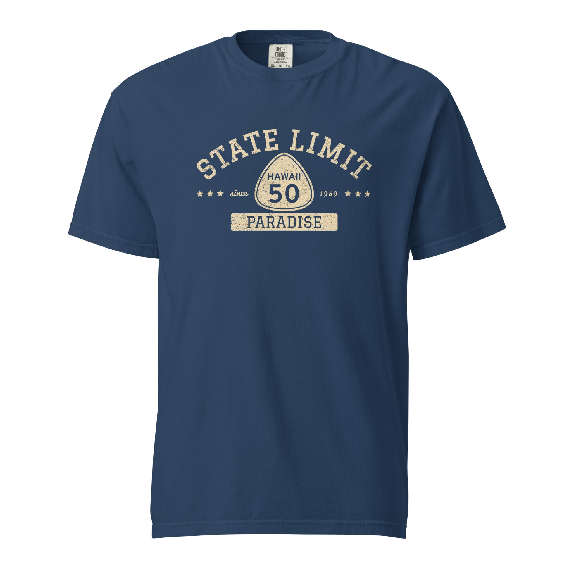 True Navy graphic t-shirt with a 'Hawaii 50 | Paradise' road sign design by State Limit Apparel.