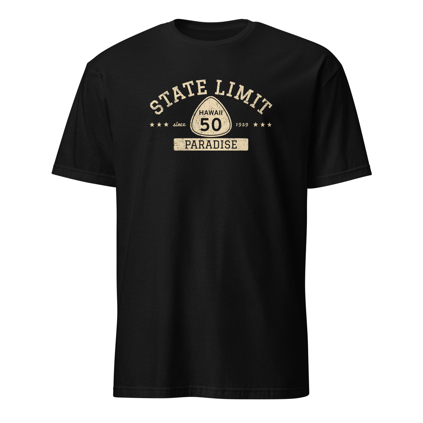 Black graphic t-shirt with a 'Hawaii 50 | Paradise' road sign design by State Limit Apparel.