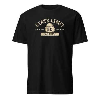 Black graphic t-shirt with a 'Hawaii 50 | Paradise' road sign design by State Limit Apparel.