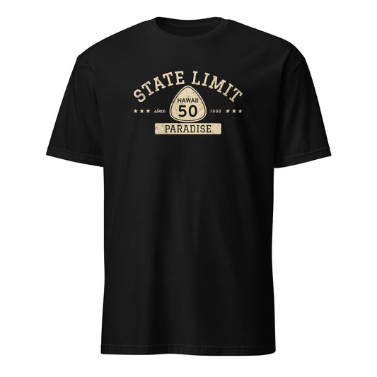 Black graphic t-shirt with a 'Hawaii 50 | Paradise' road sign design by State Limit Apparel.