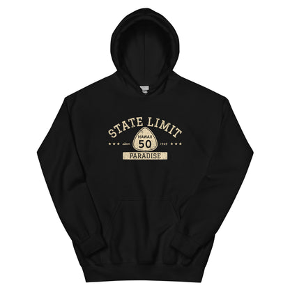Black graphic hoodie with a 'Hawaii 50 | Paradise' road sign inspired design by State Limit Apparel.