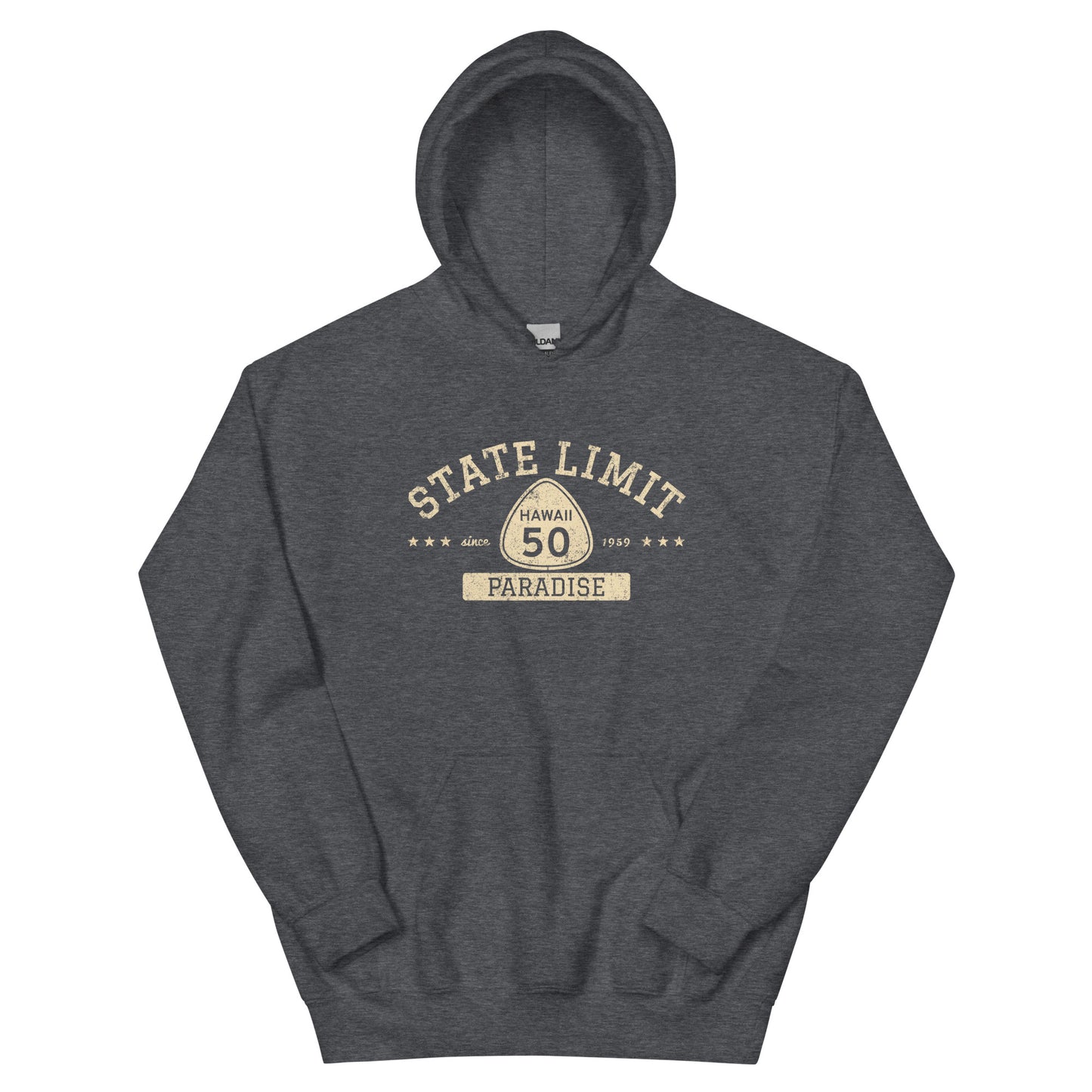 Dark Heather graphic hoodie with a 'Hawaii 50 | Paradise' road sign inspired design by State Limit Apparel.