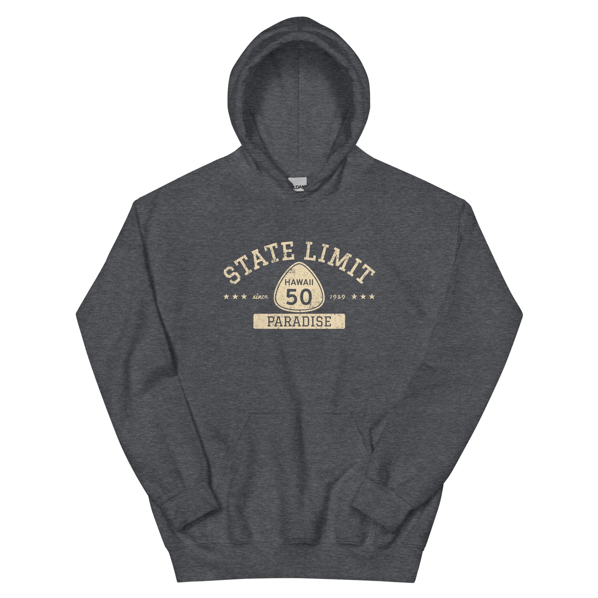 Dark Heather graphic hoodie with a 'Hawaii 50 | Paradise' road sign inspired design by State Limit Apparel.