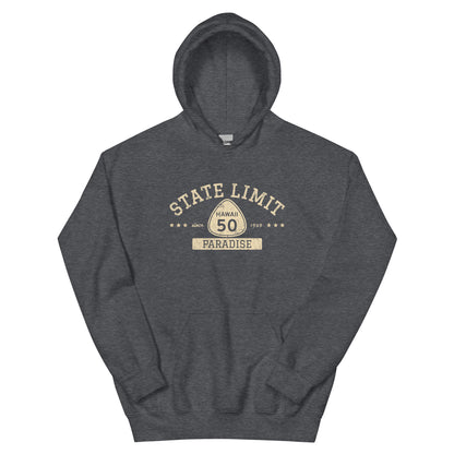 Dark Heather graphic hoodie with a 'Hawaii 50 | Paradise' road sign inspired design by State Limit Apparel.