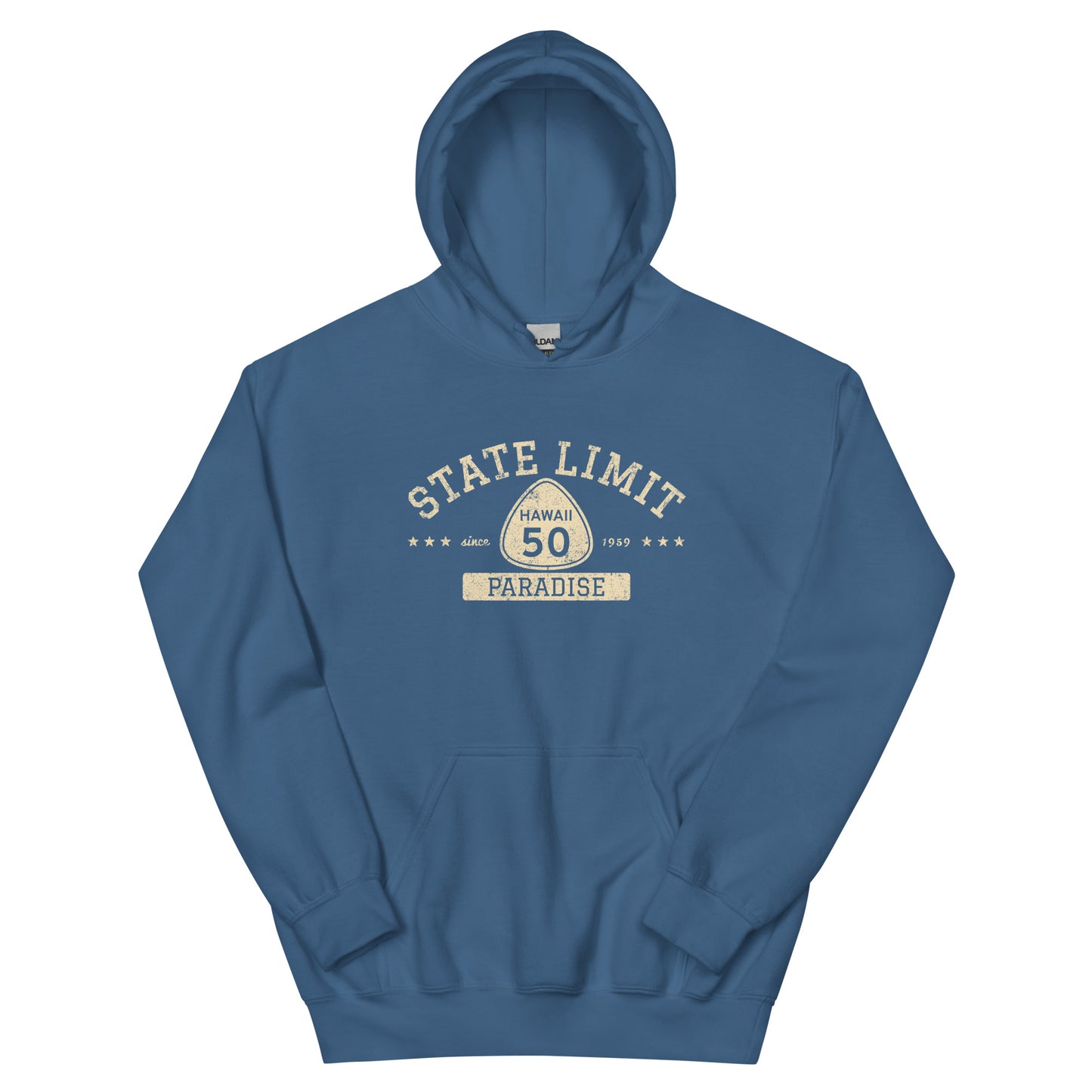 Indigo Blue graphic hoodie with a 'Hawaii 50 | Paradise' road sign inspired design by State Limit Apparel.