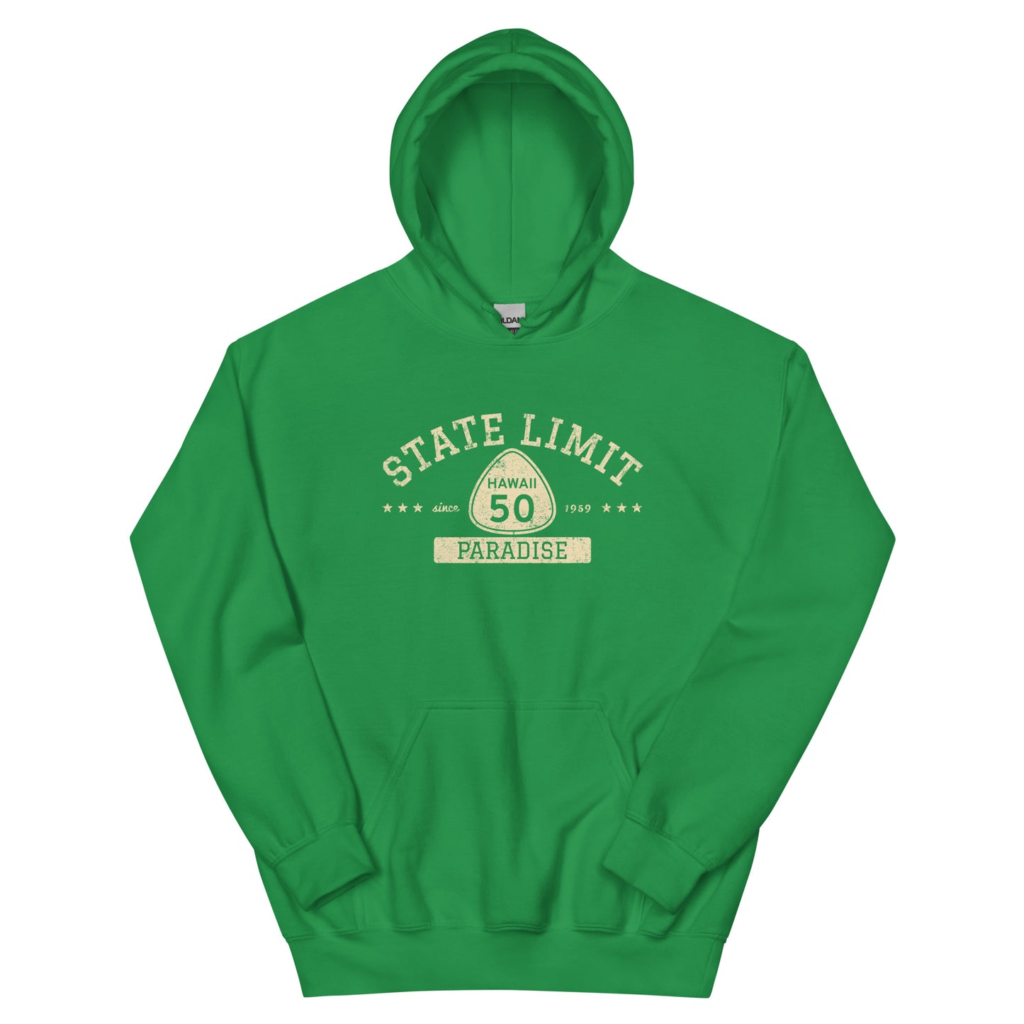 Irish Green graphic hoodie with a 'Hawaii 50 | Paradise' road sign inspired design by State Limit Apparel.
