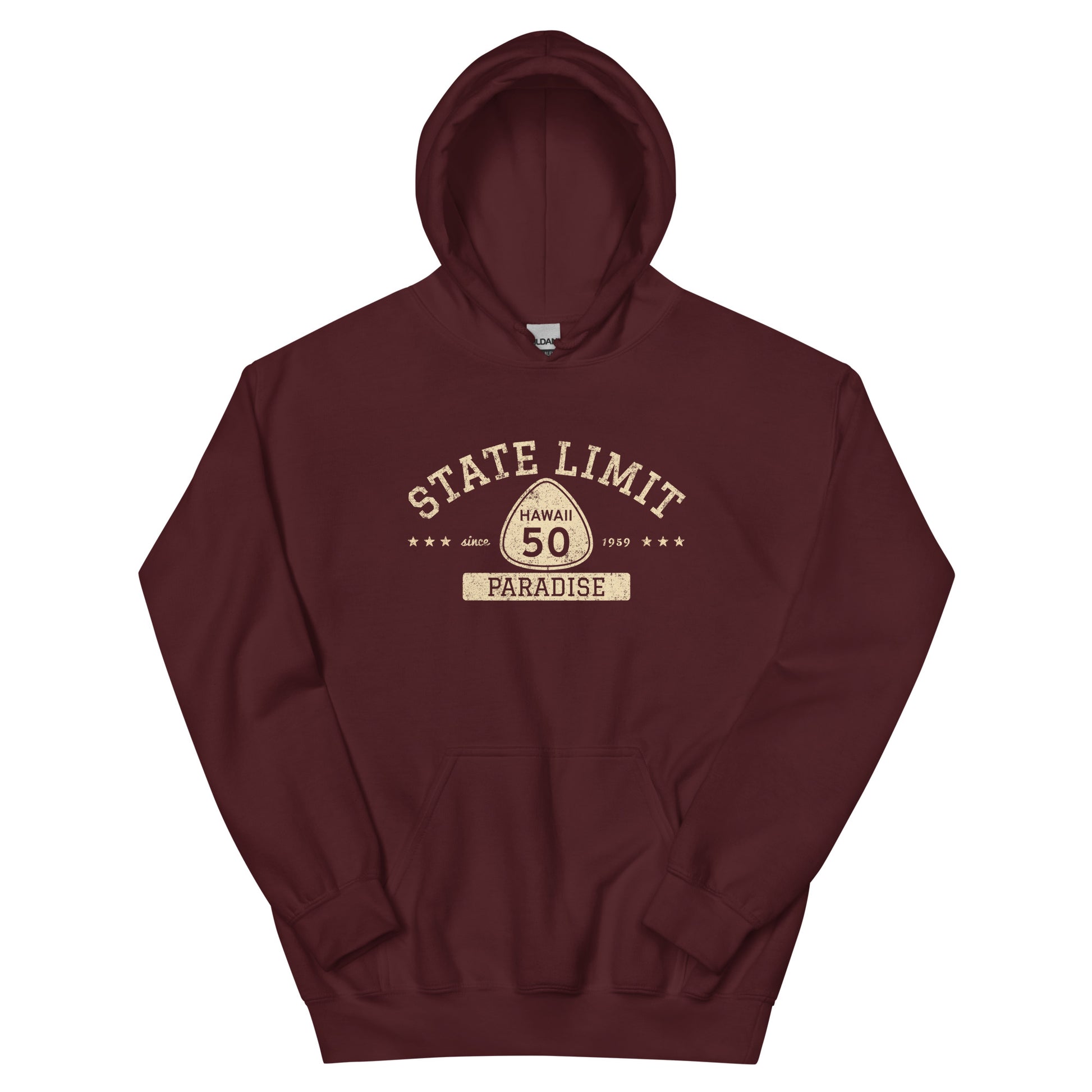 Maroon graphic hoodie with a 'Hawaii 50 | Paradise' road sign inspired design by State Limit Apparel.