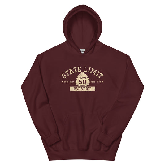 Maroon graphic hoodie with a 'Hawaii 50 | Paradise' road sign inspired design by State Limit Apparel.
