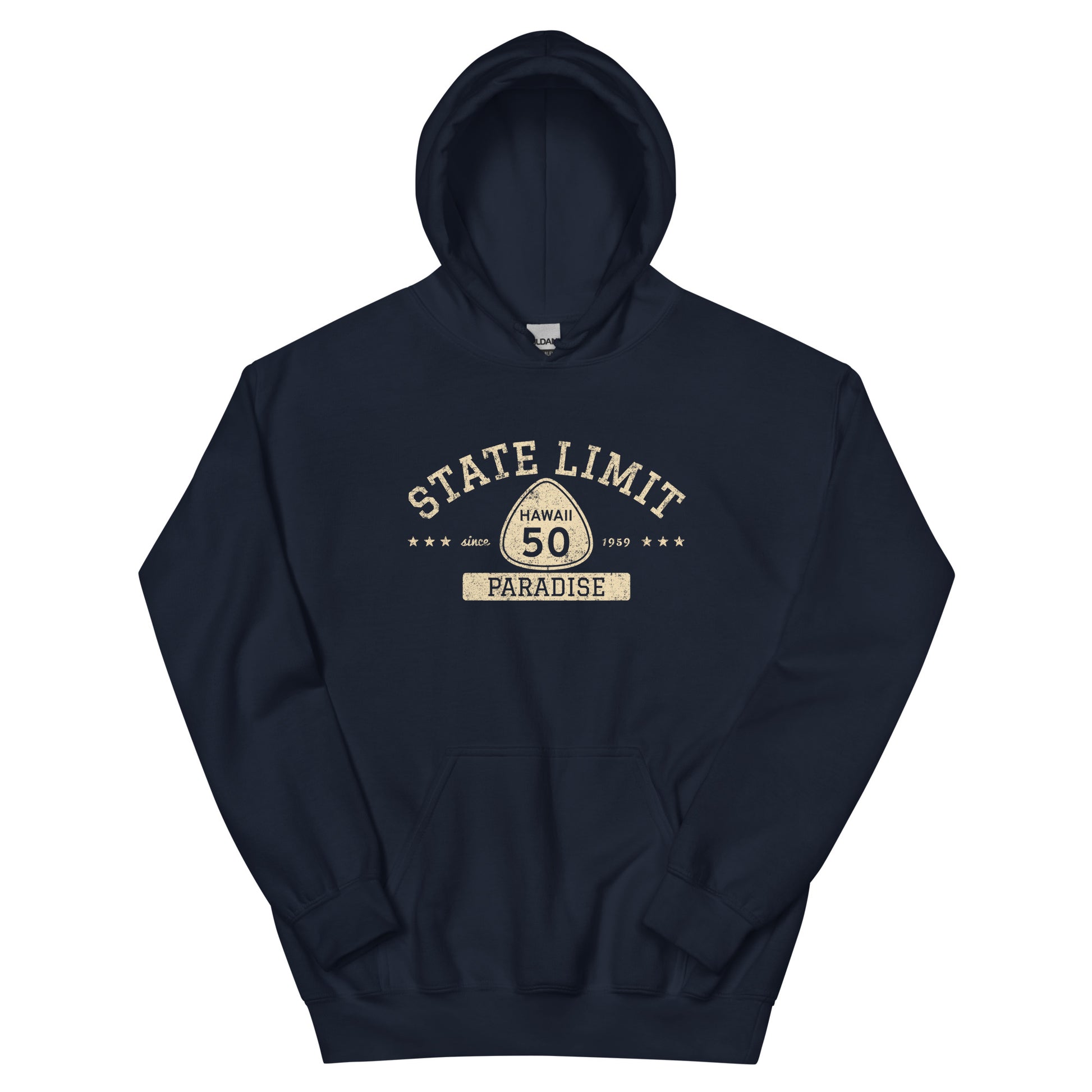 Navy blue graphic hoodie with a 'Hawaii 50 | Paradise' road sign inspired design by State Limit Apparel.