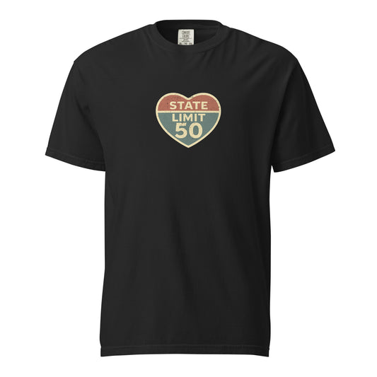 Black graphic t-shirt with a 'Love the Limit | Love Canada' road sign inspired design by State Limit Apparel.