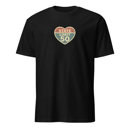Black graphic t-shirt with a 'Love the Limit | Love Canada' road sign inspired design by State Limit Apparel.