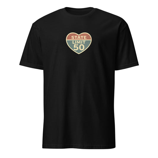 Black graphic t-shirt with a 'Love the Limit | Love Canada' road sign inspired design by State Limit Apparel.