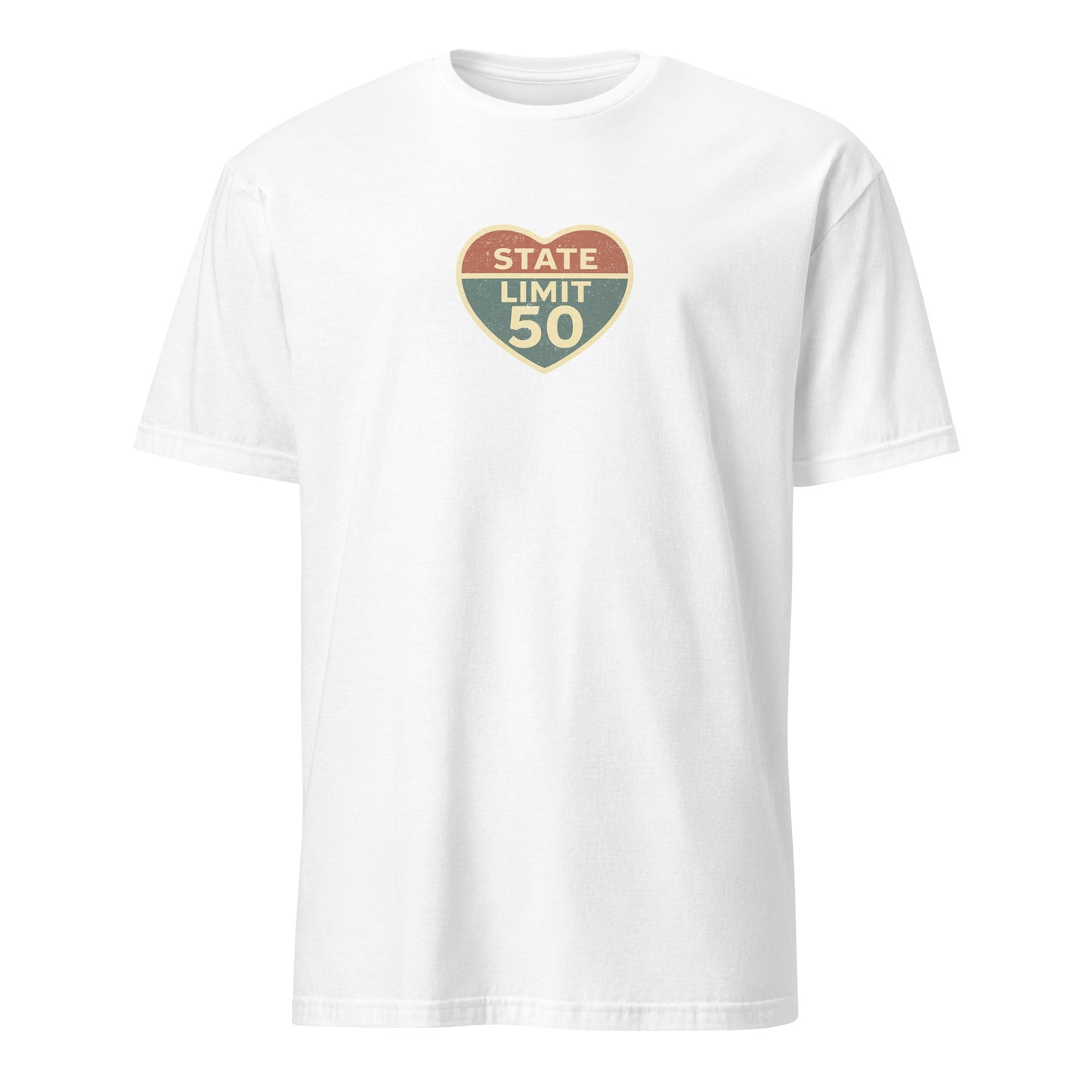 White graphic t-shirt with a 'Love the Limit | Love Canada' road sign inspired design by State Limit Apparel.