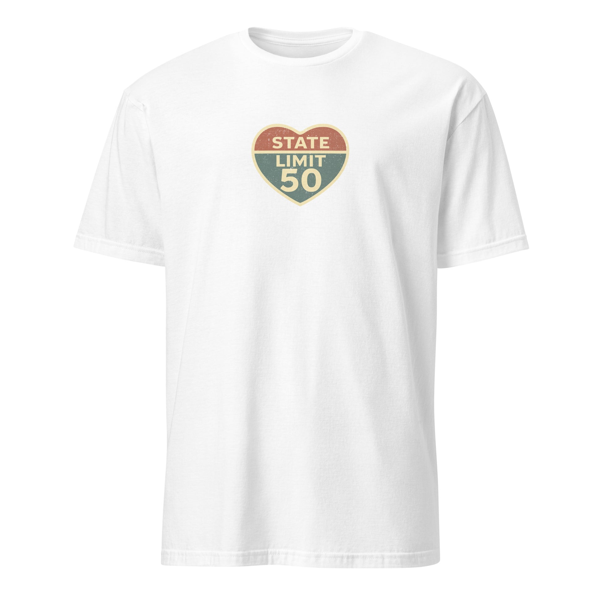 White graphic t-shirt with a 'Love the Limit | Love Canada' road sign inspired design by State Limit Apparel.