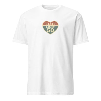White graphic t-shirt with a 'Love the Limit | Love Canada' road sign inspired design by State Limit Apparel.