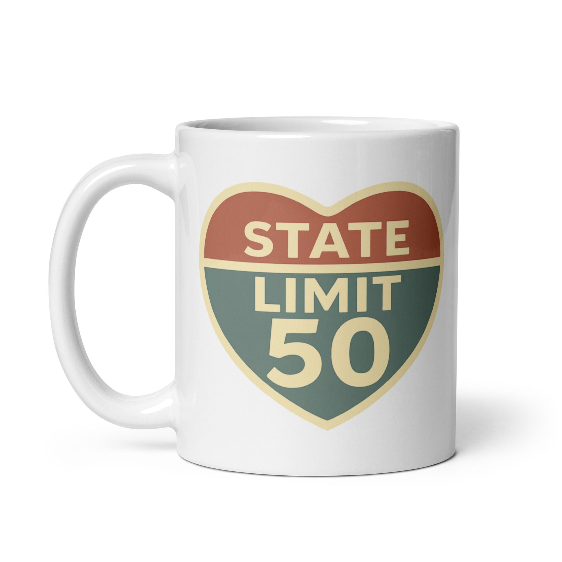 White ceramic mug with 'Love the Limit | Love Canada' road sign inspired graphic by State Limit Apparel.