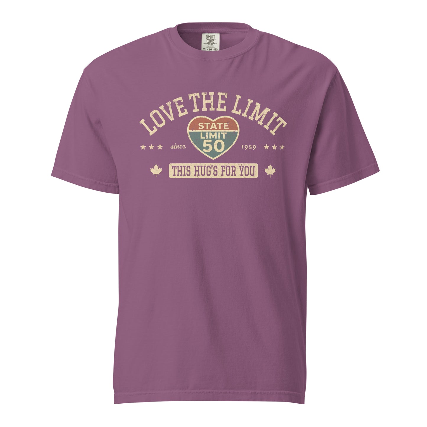 Berry graphic t-shirt with a 'Love the Limit | This Hug's for You' road sign inspired design by State Limit Apparel.