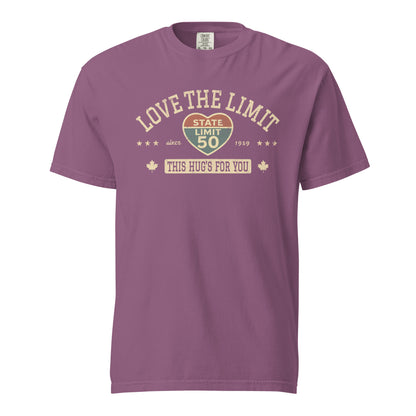 Berry graphic t-shirt with a 'Love the Limit | This Hug's for You' road sign inspired design by State Limit Apparel.