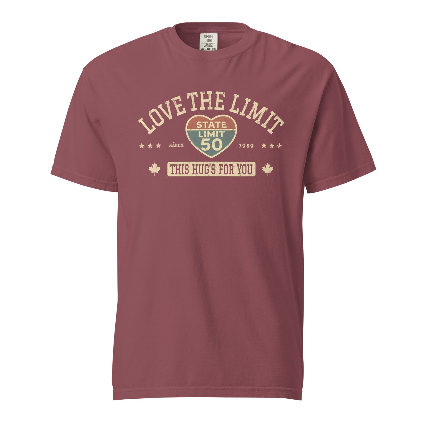 Brick graphic t-shirt with a 'Love the Limit | This Hug's for You' road sign inspired design by State Limit Apparel.