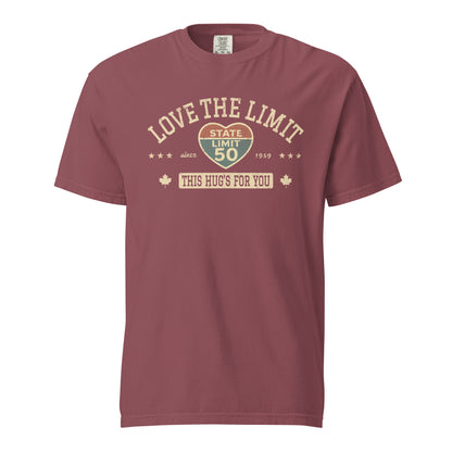 Brick graphic t-shirt with a 'Love the Limit | This Hug's for You' road sign inspired design by State Limit Apparel.