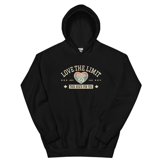 Black graphic hoodie with a 'Love the Limit | This Hug's for You' road sign inspired design by State Limit Apparel.