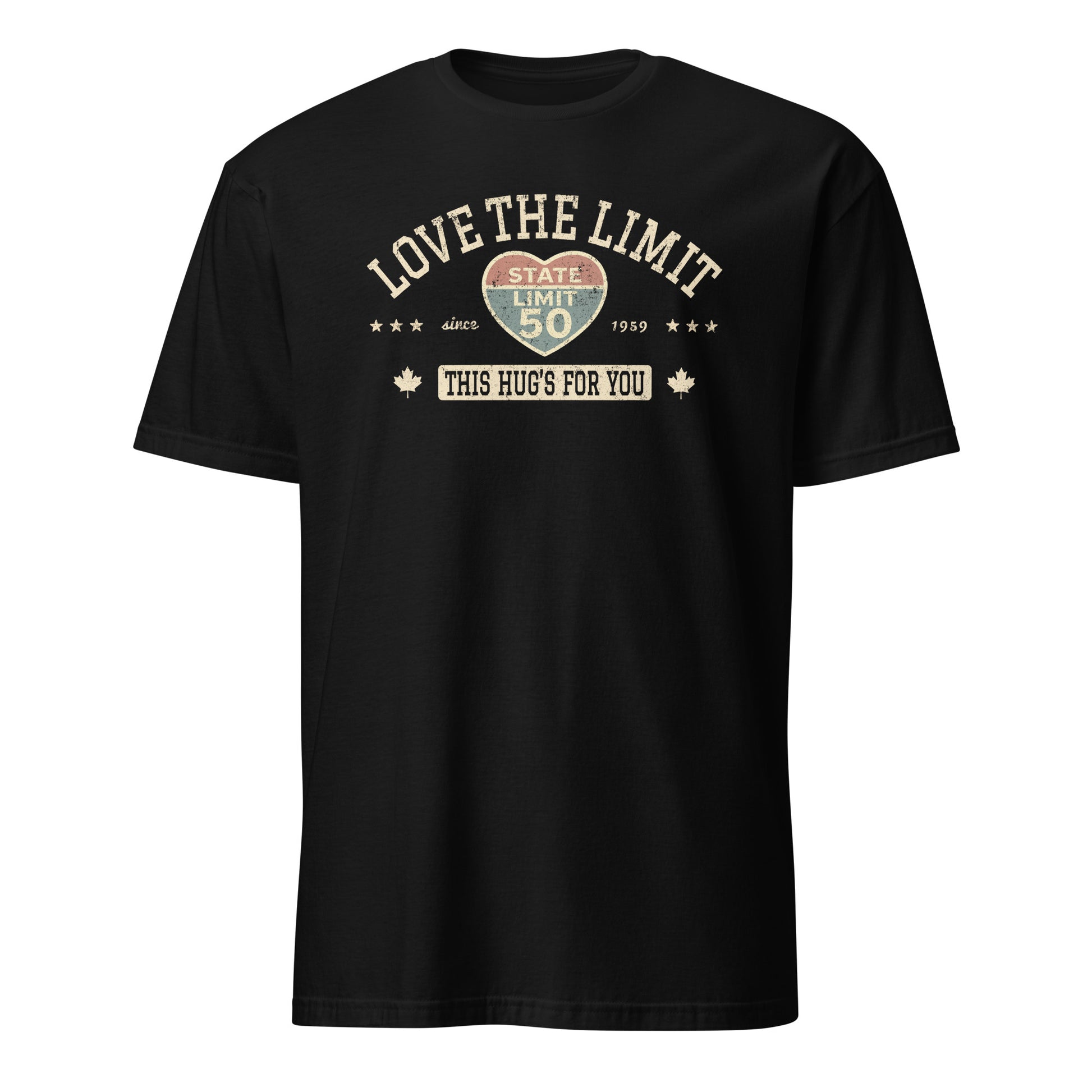 Black graphic t-shirt with a 'Love the Limit | This Hug's for You' road sign inspired design by State Limit Apparel.