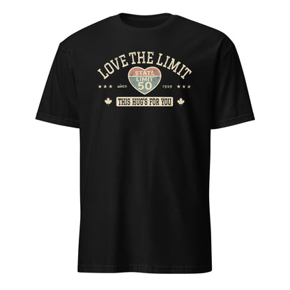 Black graphic t-shirt with a 'Love the Limit | This Hug's for You' road sign inspired design by State Limit Apparel.