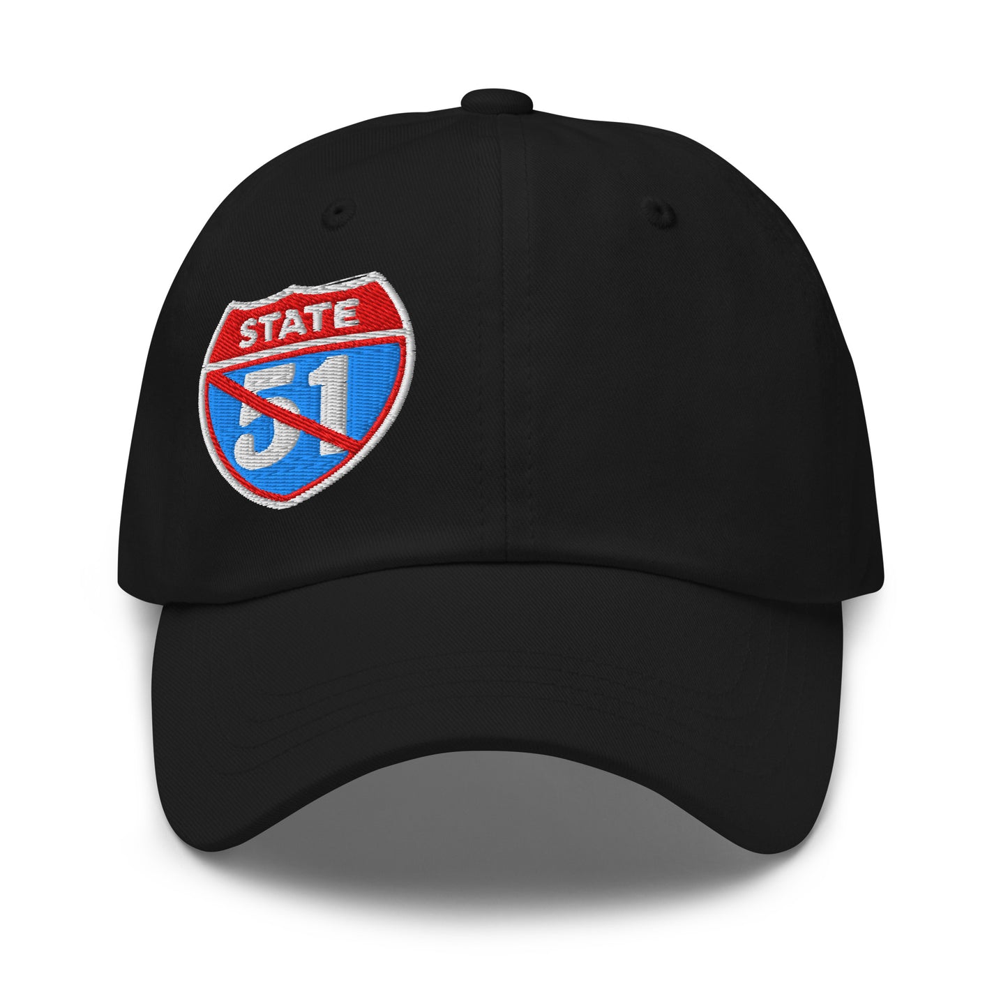 Black classic dad hat embroidered with a 'Road Closed | Not the 51st State' graphic by State Limit Apparel.