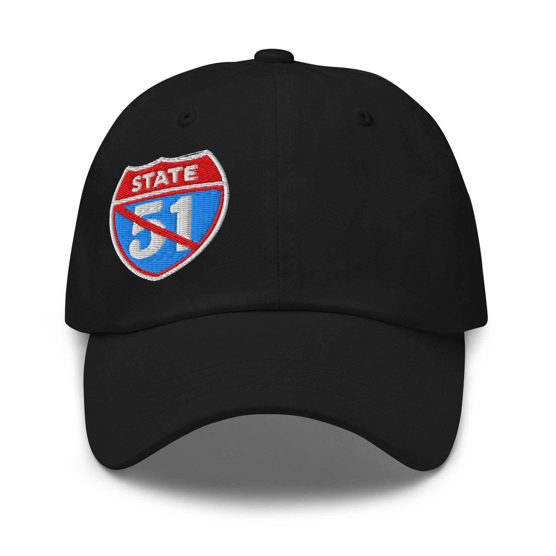 Black classic dad hat embroidered with a 'Road Closed | Not the 51st State' graphic by State Limit Apparel.