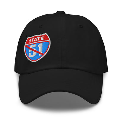 Black classic dad hat embroidered with a 'Road Closed | Not the 51st State' graphic by State Limit Apparel.