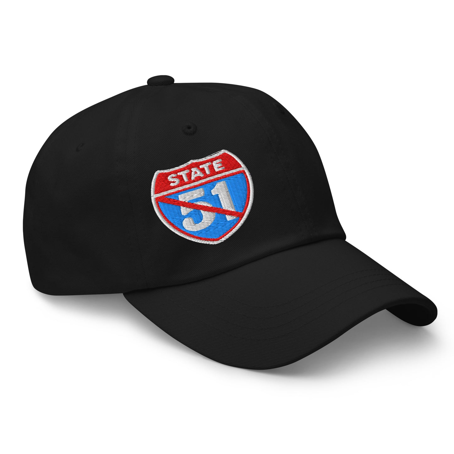 Black classic dad hat embroidered with a 'Road Closed | Not the 51st State' graphic by State Limit Apparel.
