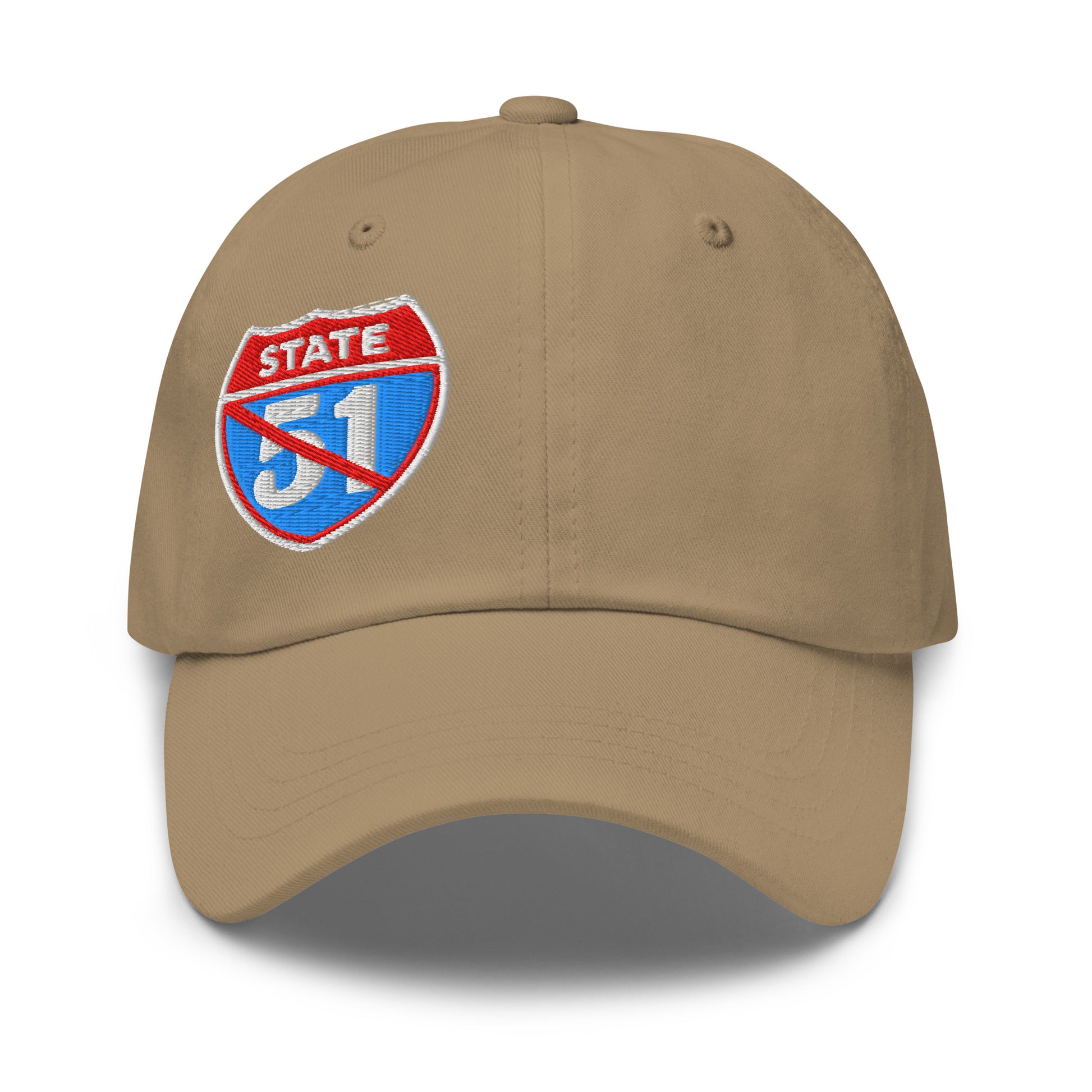 Khaki classic dad hat embroidered with a 'Road Closed | Not the 51st State' graphic by State Limit Apparel.