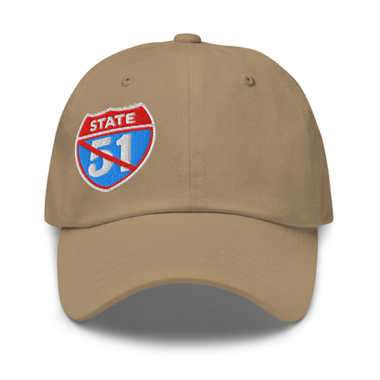 Khaki classic dad hat embroidered with a 'Road Closed | Not the 51st State' graphic by State Limit Apparel.