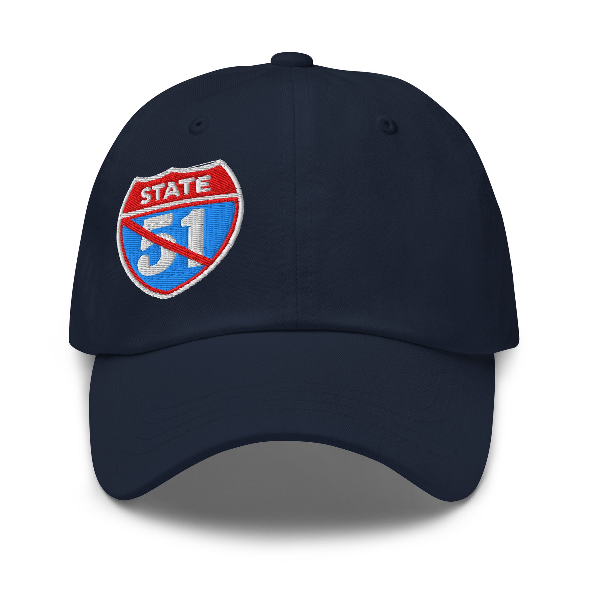 Navy blue classic dad hat embroidered with a 'Road Closed | Not the 51st State' graphic by State Limit Apparel.