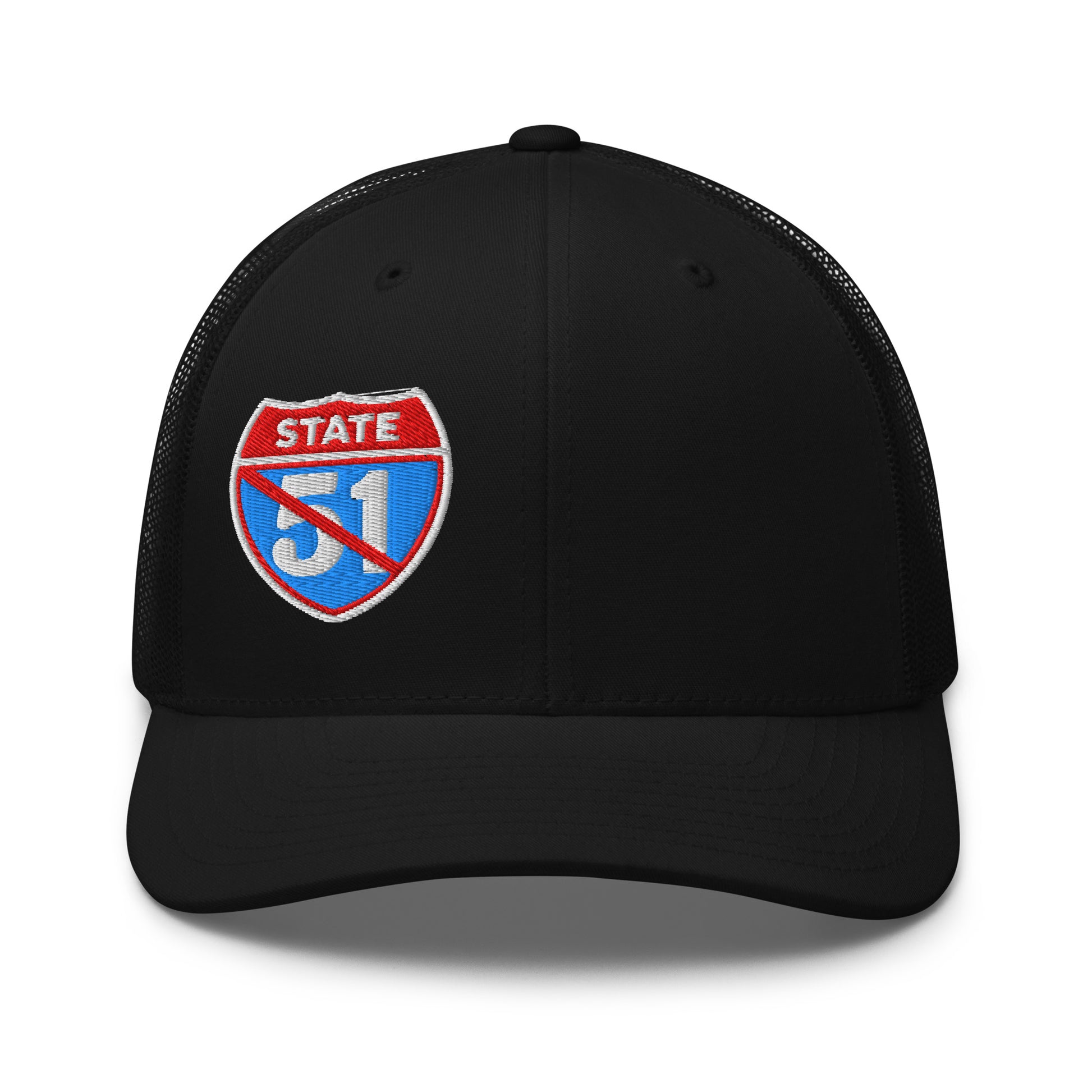 Black retro trucker hat embroidered with a 'Road Closed | Not the 51st State' graphic by State Limit Apparel.