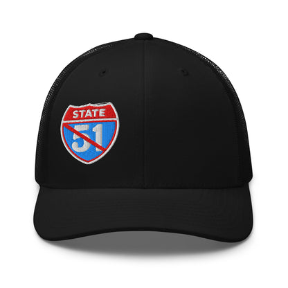 Black retro trucker hat embroidered with a 'Road Closed | Not the 51st State' graphic by State Limit Apparel.
