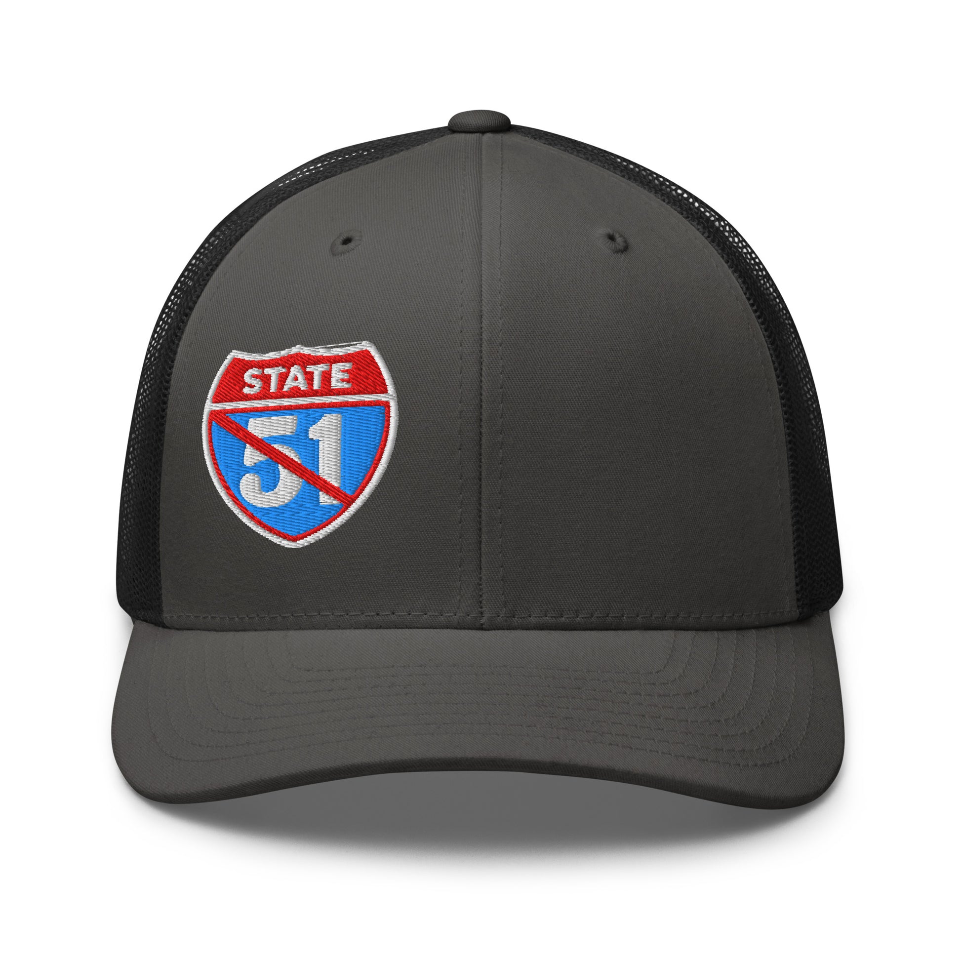 Charcoal-black retro trucker hat embroidered with a 'Road Closed | Not the 51st State' graphic by State Limit Apparel.