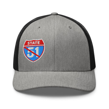 Heather-black retro trucker hat embroidered with a 'Road Closed | Not the 51st State' graphic by State Limit Apparel.