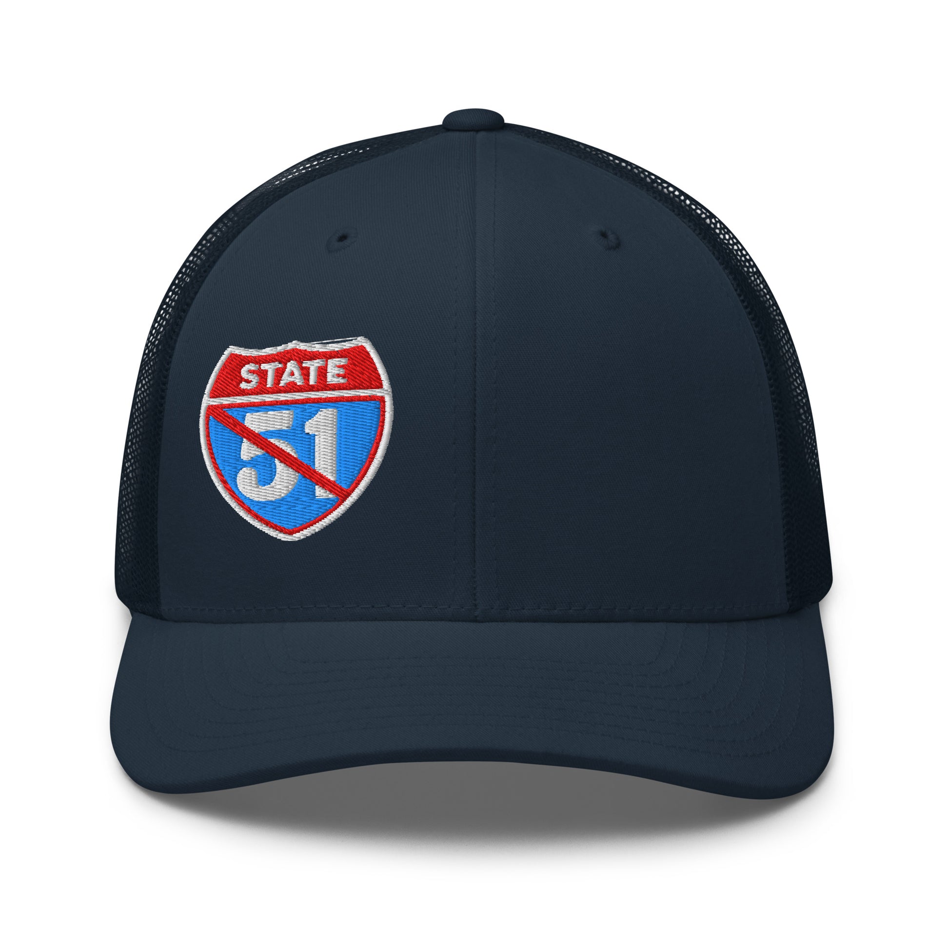 Navy blue retro trucker hat embroidered with a 'Road Closed | Not the 51st State' graphic by State Limit Apparel.