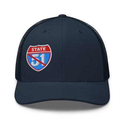 Navy blue retro trucker hat embroidered with a 'Road Closed | Not the 51st State' graphic by State Limit Apparel.