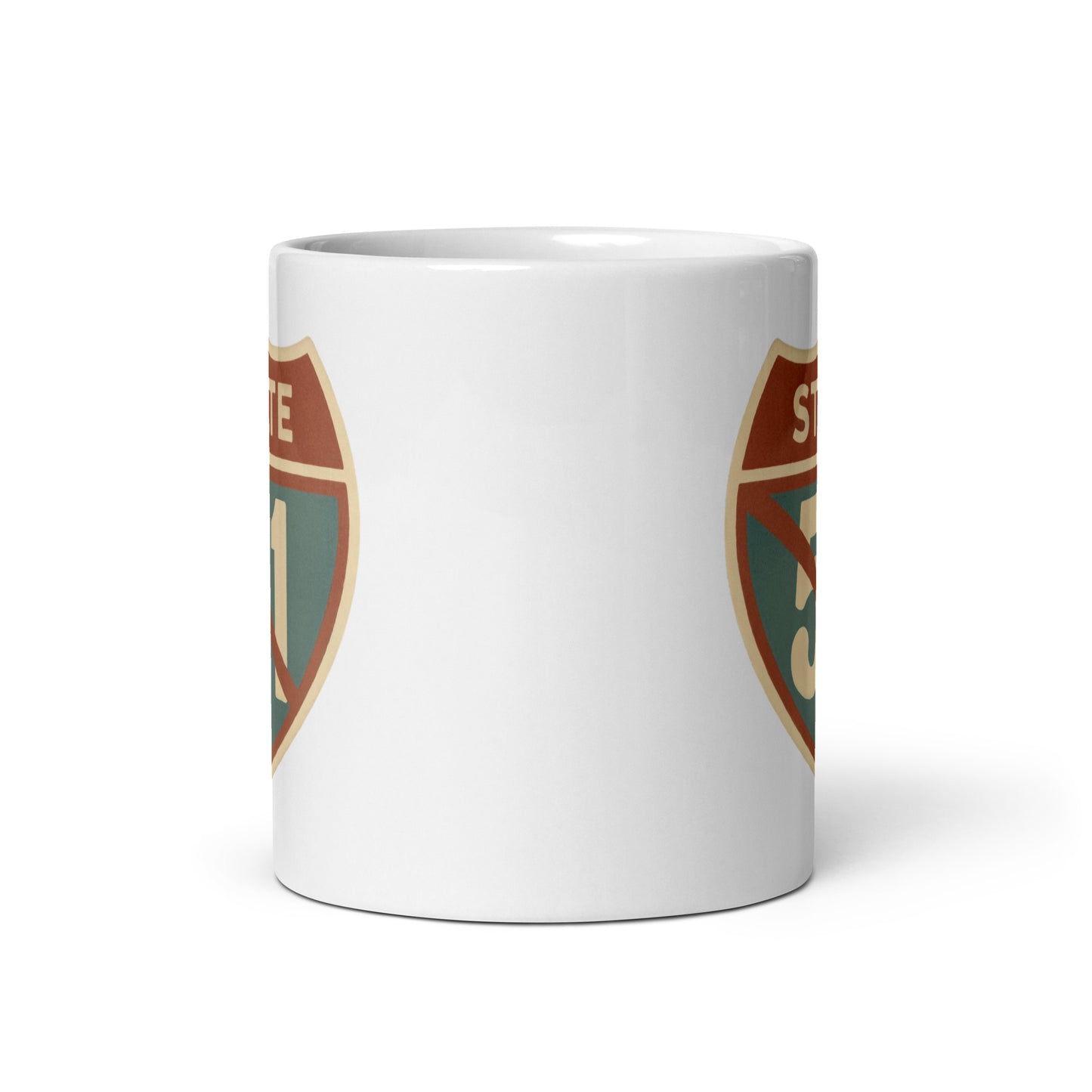 View of white ceramic mug with road sign graphic by State Limit Apparel to both sides.