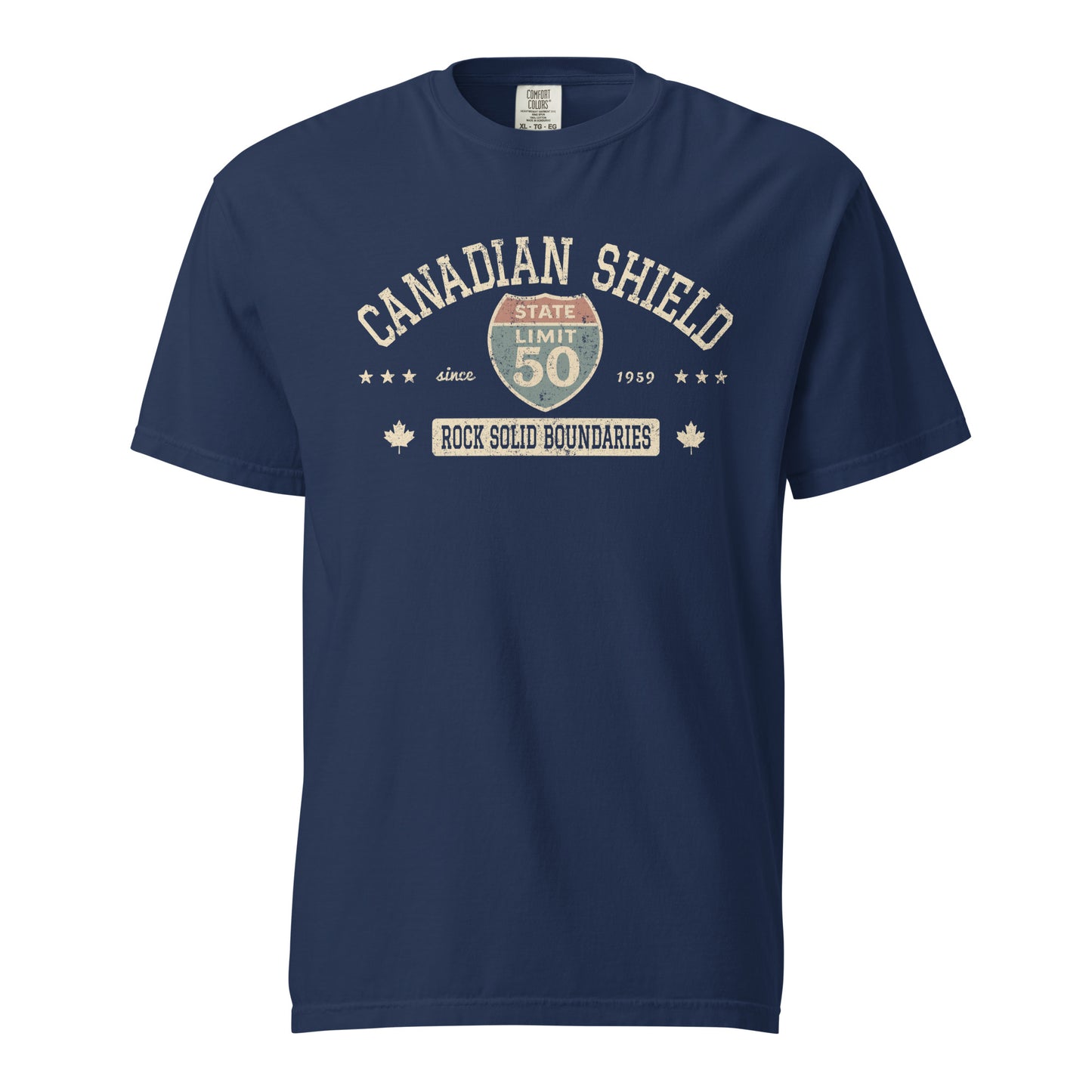 True Navy graphic t-shirt with a 'Canadian Shield | Rock Solid' road sign design by State Limit Apparel.