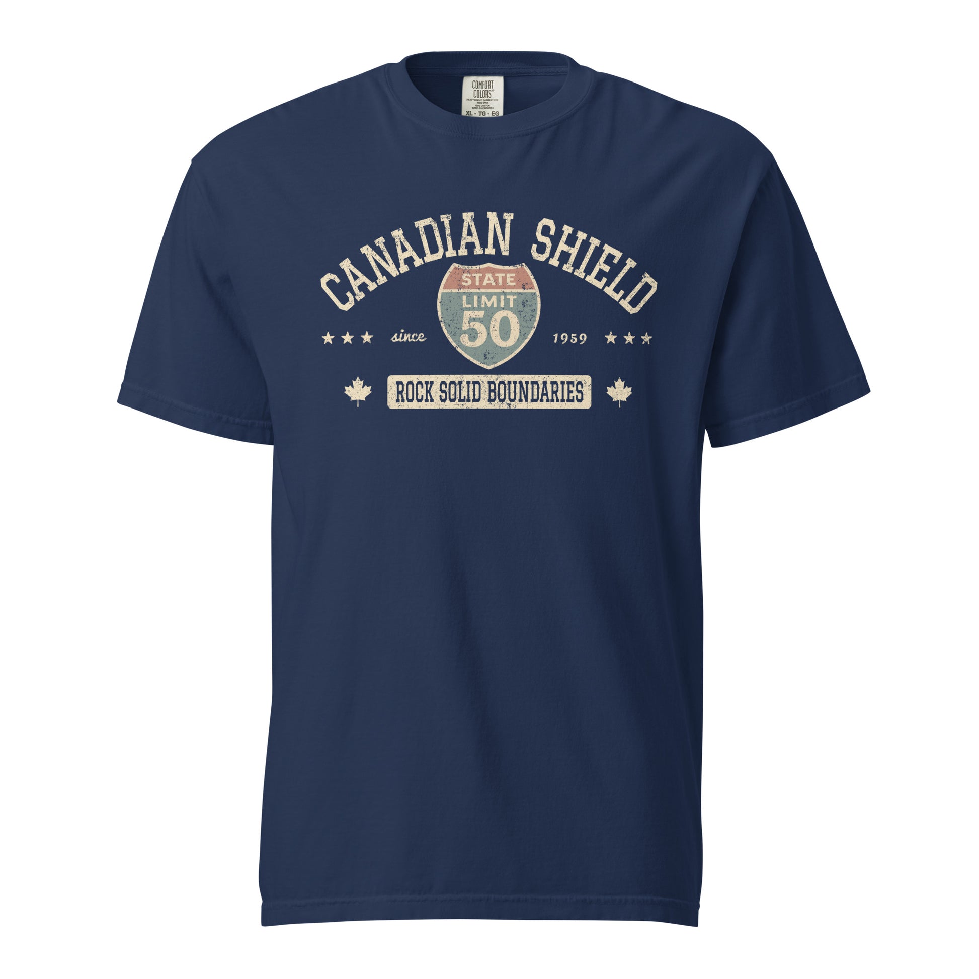 True Navy graphic t-shirt with a 'Canadian Shield | Rock Solid' road sign design by State Limit Apparel.