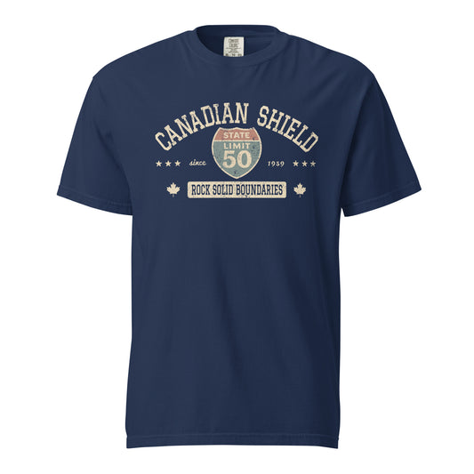 True Navy graphic t-shirt with a 'Canadian Shield | Rock Solid' road sign design by State Limit Apparel.